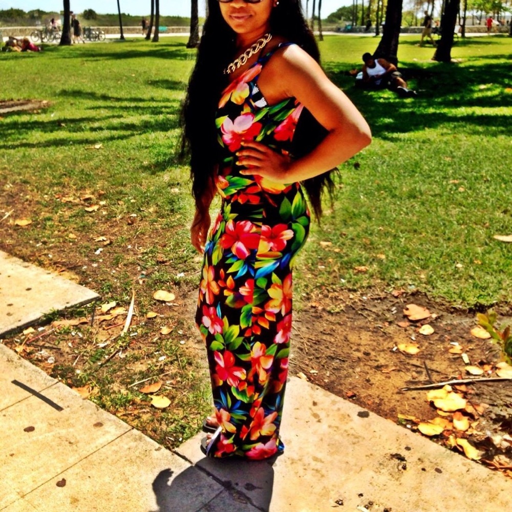 Floral maxi body con dress with low scoop back